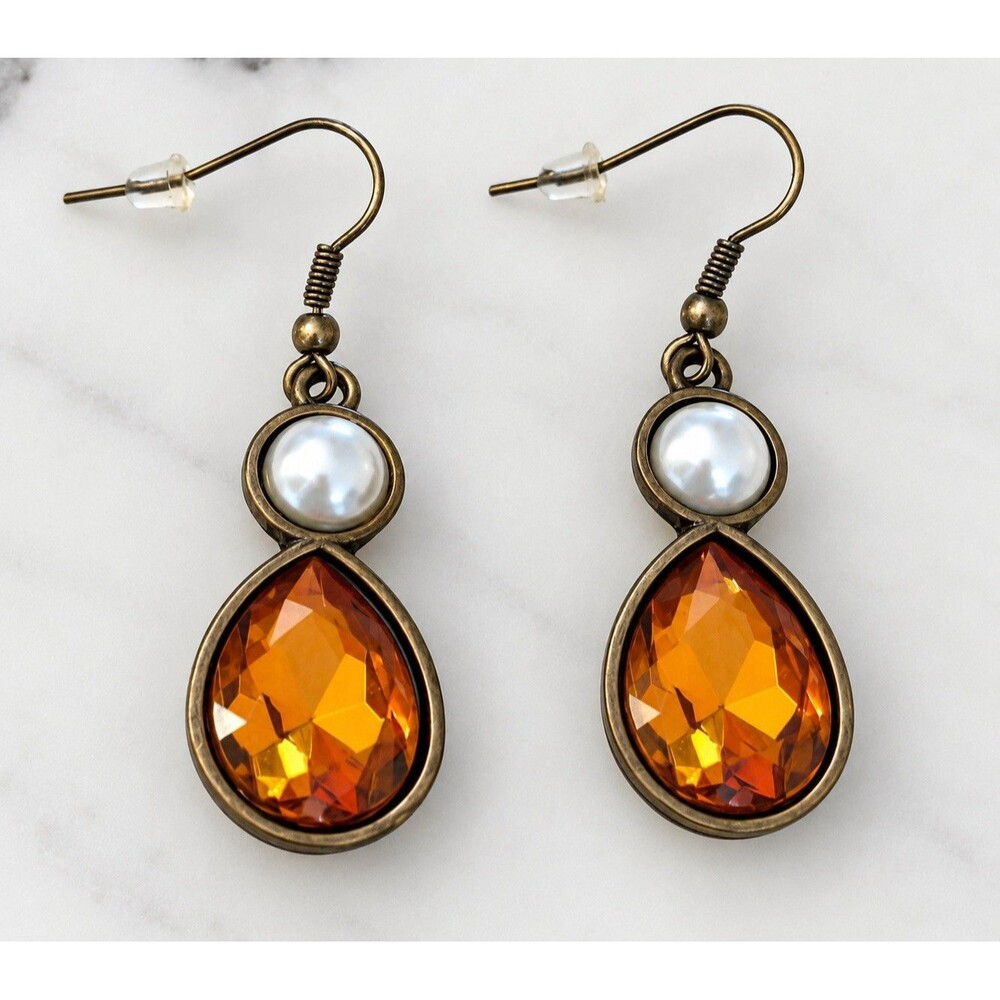 Vintage Amber Teardrop Dangle Earrings Faux Pearl Antique Brass Boho